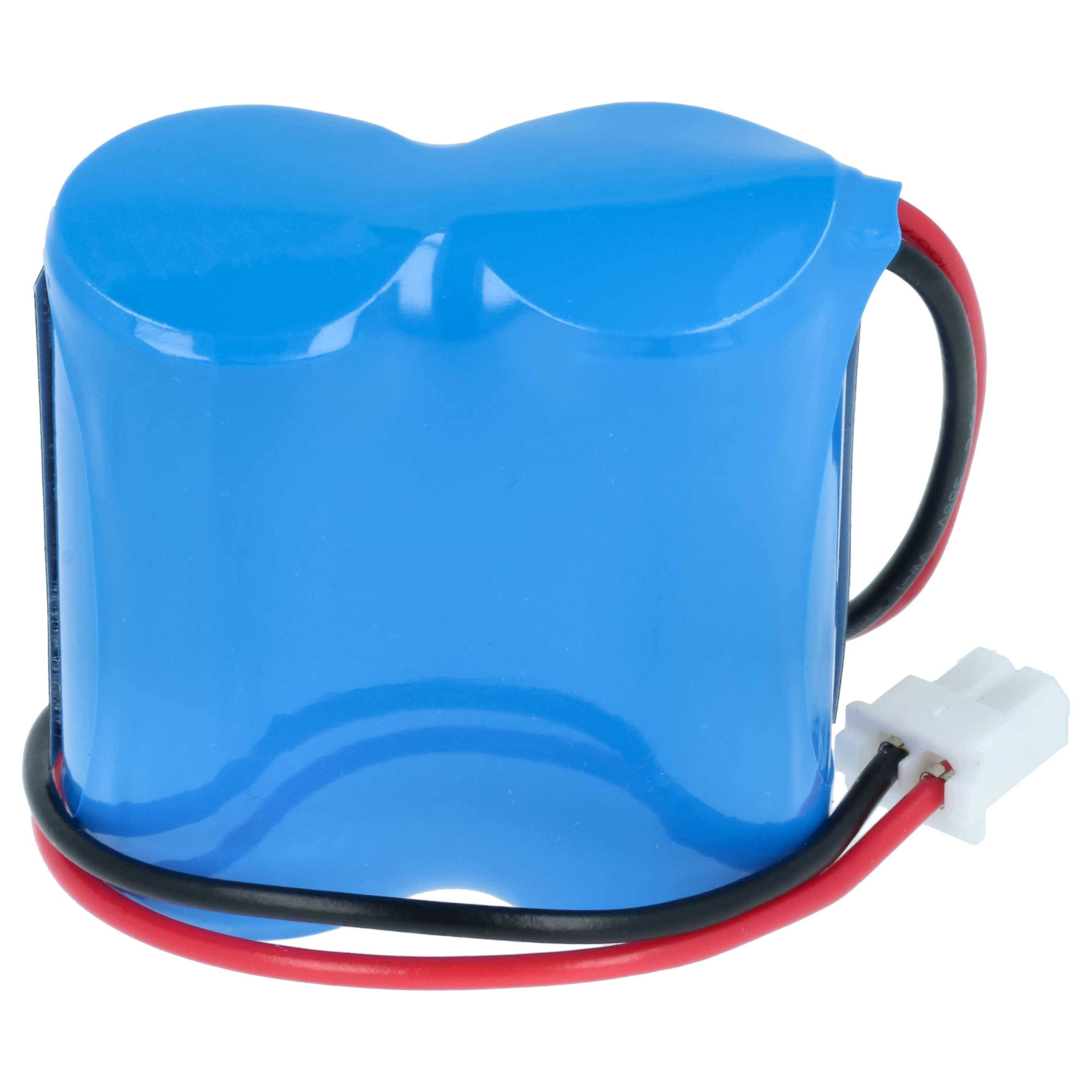 Ein blauer zylindrischer Akkupack mit schwarz- und rotfarbigen Drähten und einem weißen Steckerverbinder.