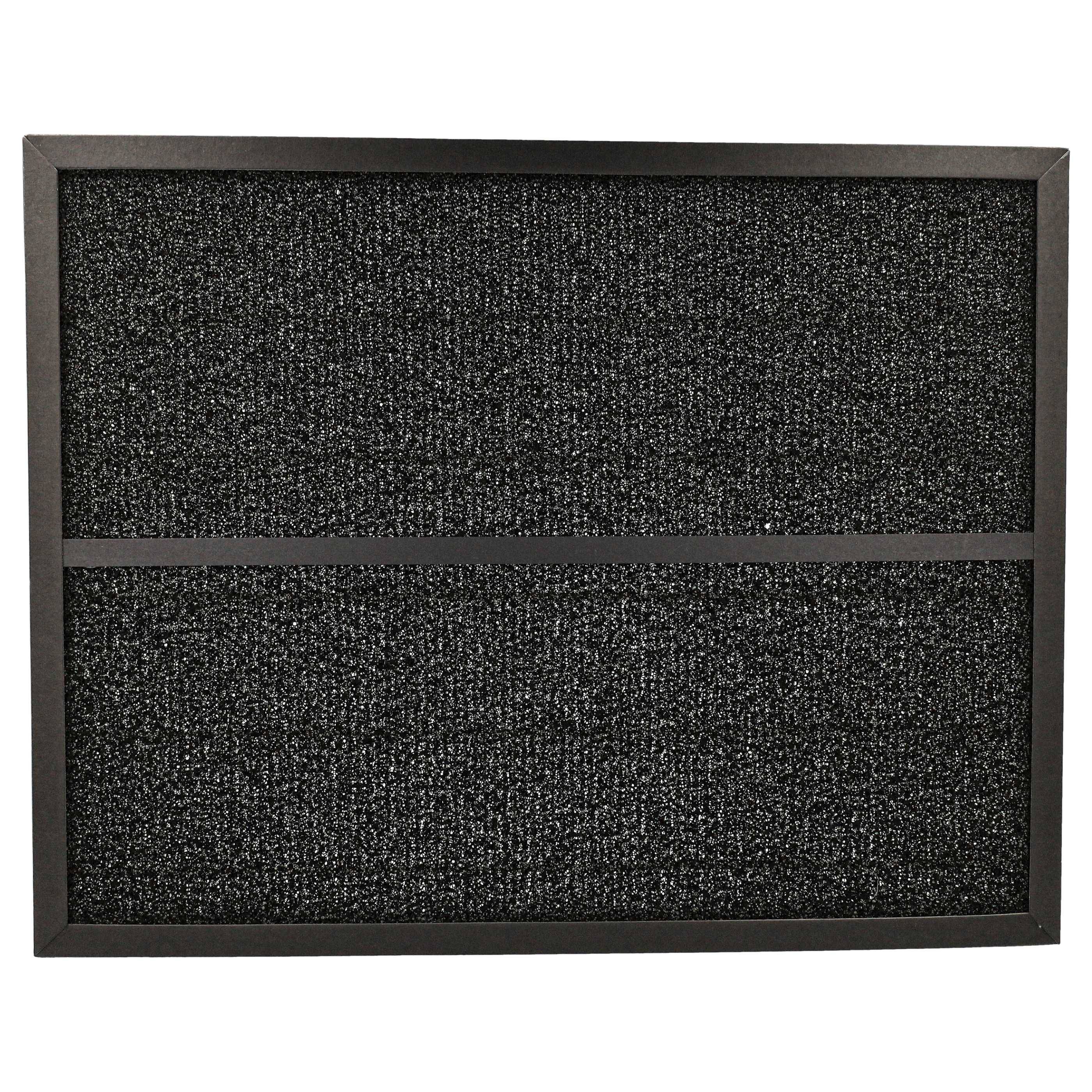 Ein schwarzer rechteckiger Luftfilter mit einer maschenartigen Oberfläche, umrahmt von einem dünnen Rand, entworfen um Staub und Partikel in einem Lüftungssystem aufzufangen.