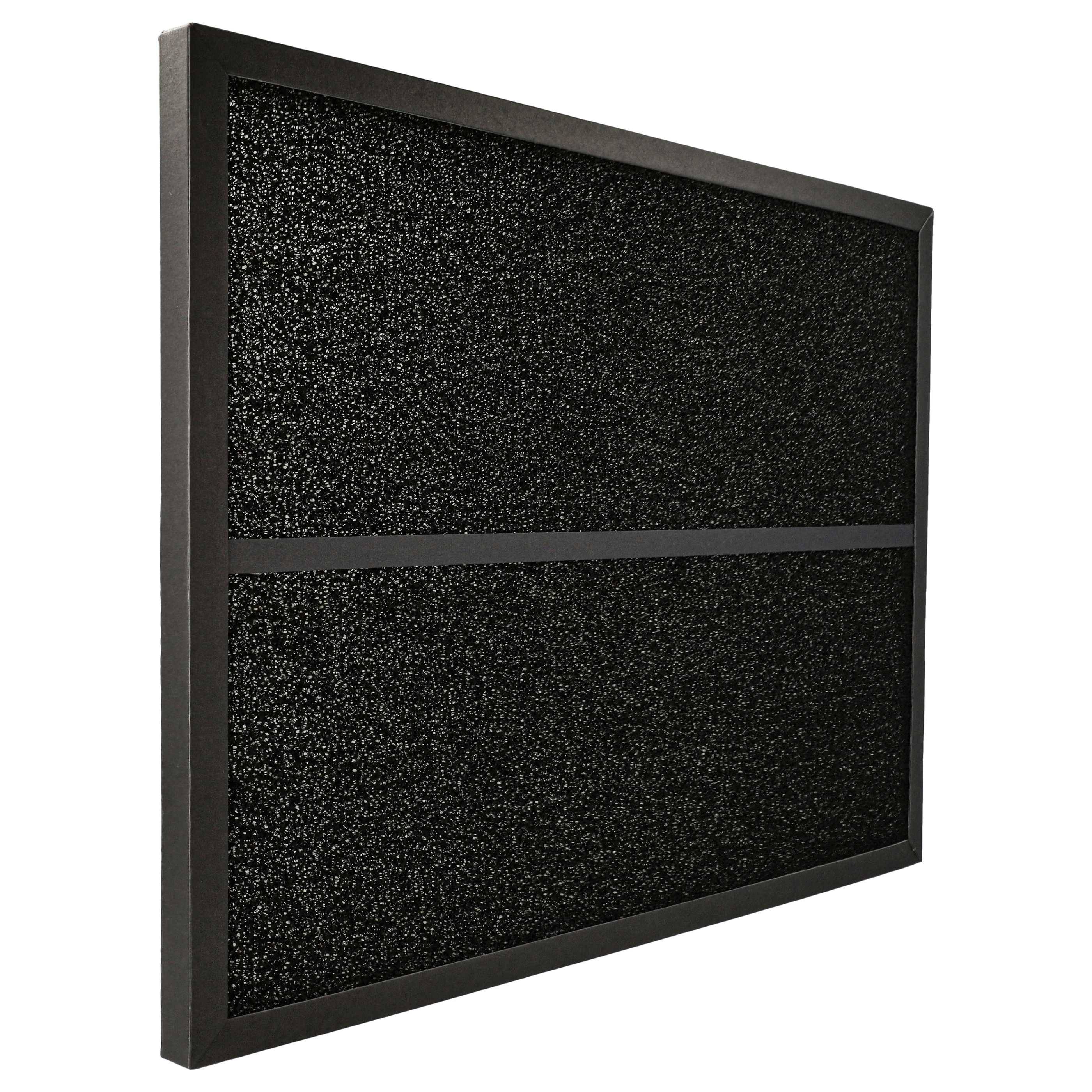 Ein rechteckiger schwarzer Luftfilter mit einer strukturierten Oberfläche, umrahmt von einem dünnen schwarzen Rand, der zur Luftreinigung in verschiedenen Geräten verwendet wird.