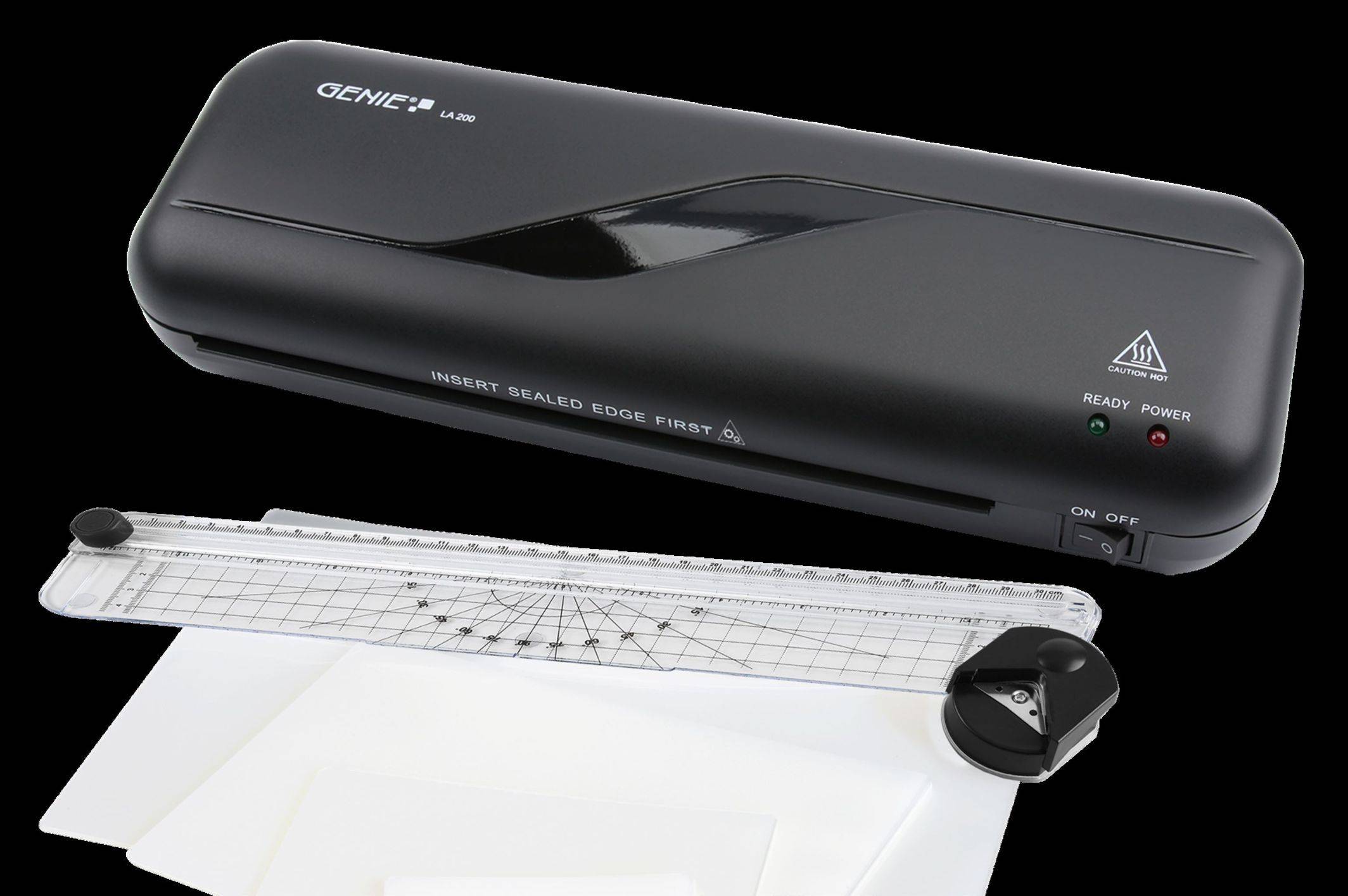 Genie 4 in 1 Laminiergerät mit Schneidelineal und Eckenrunder inklusive 50 Laminierfolien.