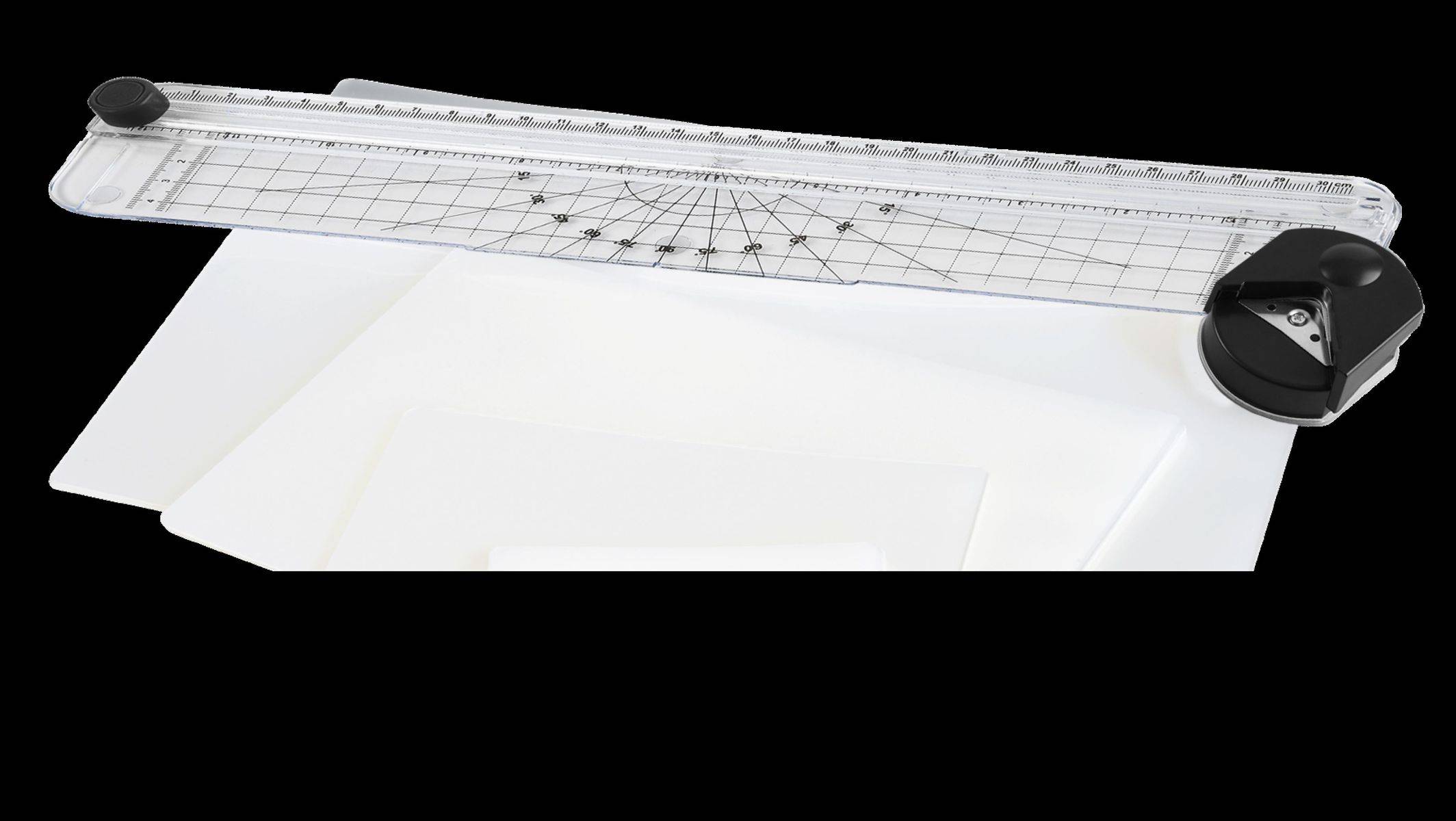 Papierschneider mit transparenter Schnittführung, schwarzem Griff und einem Blatt Papier, das zum Schneiden positioniert ist.