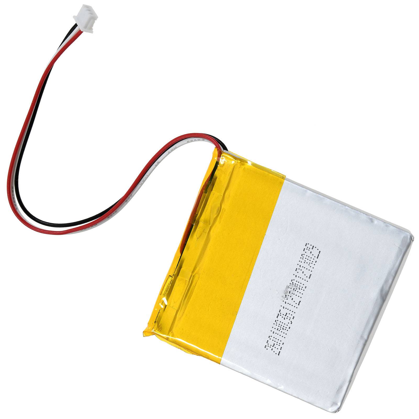Ein rechteckiger Lithium-Polymer-Akku mit gelbem und silbernem Gehäuse, ausgestattet mit einem Zwei-Draht-Stecker, zur Stromversorgung elektronischer Geräte.