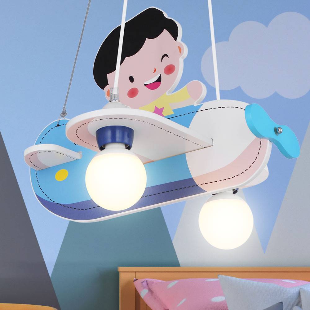 Kinder Decken Pendel Leuchte Jungen Flugzeug Holz Flieger Hänge Lampe blau