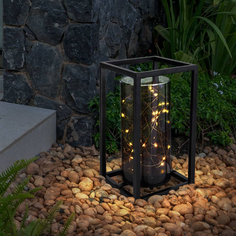 Solar Lampe Outdoor Solarleuchte Gartenleuchte Metallgestell LED Solar Lichterkette Außen, Metall Acryl, 1x LED warmweiß, LxBxH 14x14x25 cm, Terrass