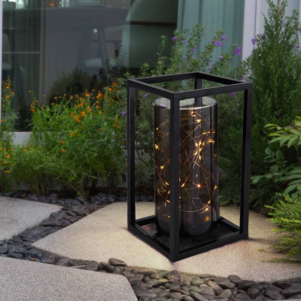 Solar Lampe Outdoor Solarleuchte Gartenleuchte Metallgestell LED Solar Lichterkette Außen, Metall Acryl, 1x LED warmweiß, LxBxH 14x14x25 cm, Terrass