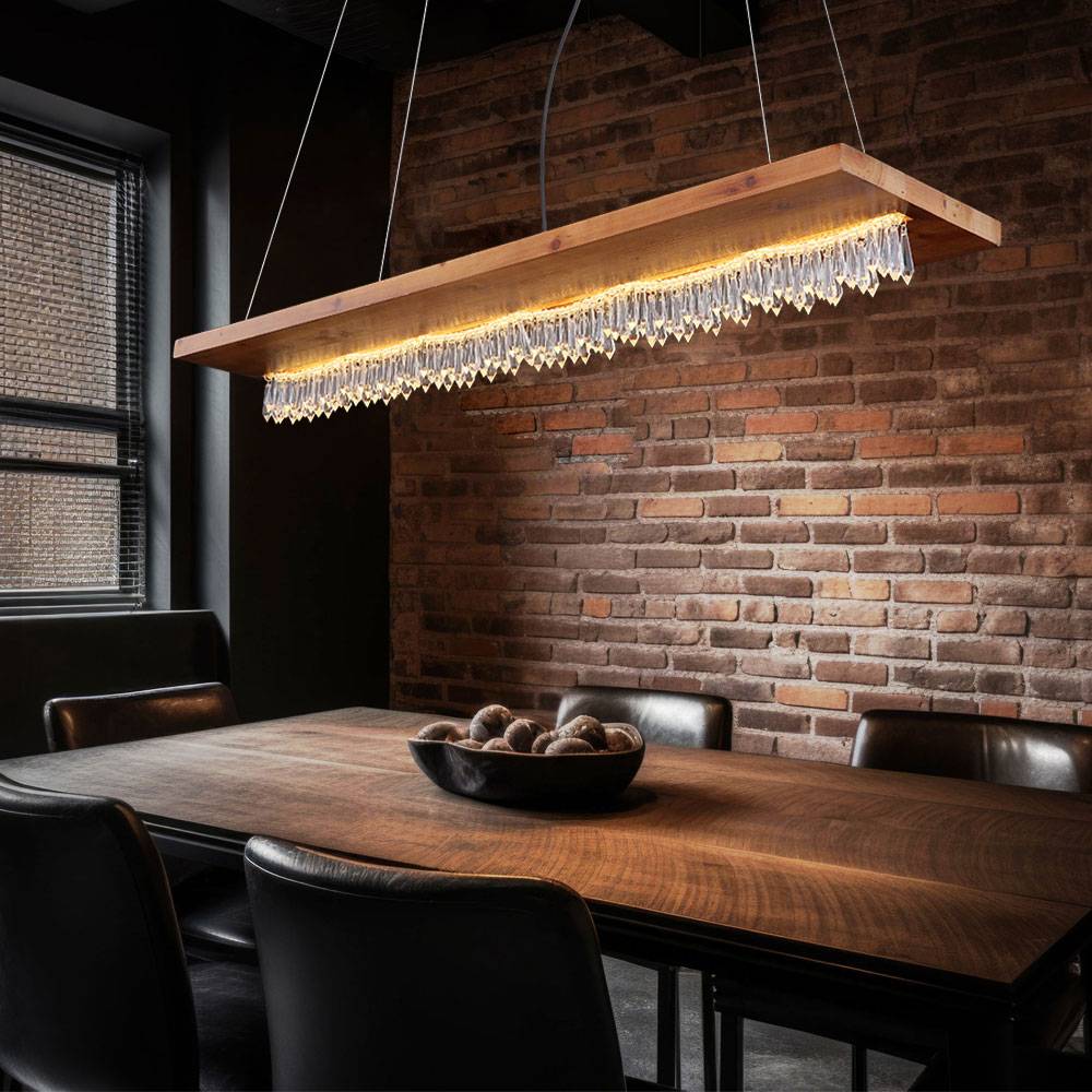 Pendelleuchte Holz Landhaus LED Hängeleuchte Esstisch Holzleuchte mit Kristallbehang, Metall schwarz Kunststoff, 1x LED 25 Watt 1546 Lumen warmweiß