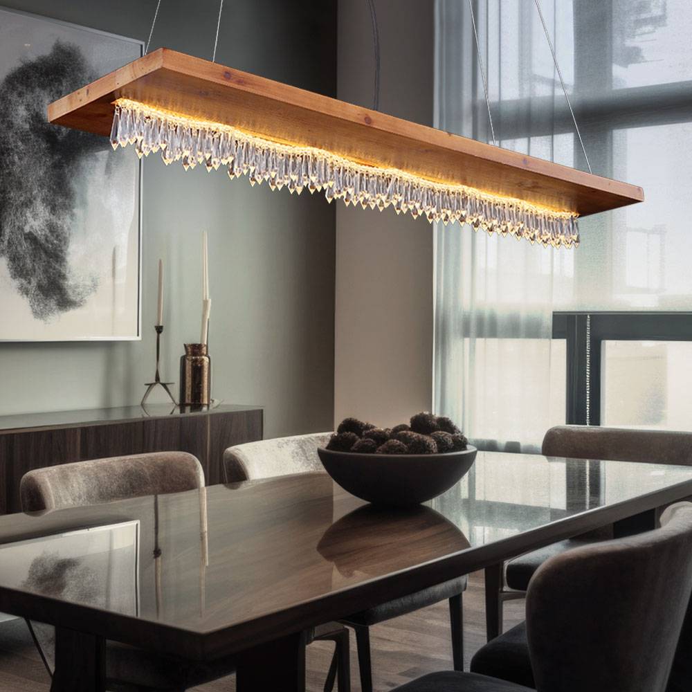 Hängeleuchte Pendelleuchte Landhaus LED Esstisch Holzleuchte mit Kristallbehang, Metall schwarz, 1x LED 25 Watt 1546 Lumen warmweiß, LxBxH 80x20x145