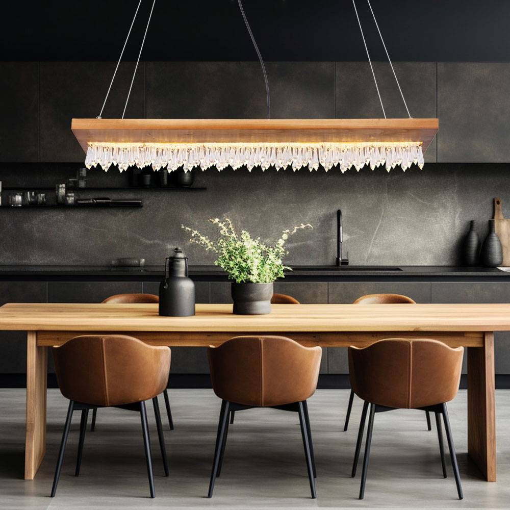 Pendelleuchte Holz Landhaus LED Hängeleuchte Esstisch Holzleuchte mit Kristallbehang, Metall schwarz Kunststoff, 1x LED 25 Watt 1546 Lumen warmweiß