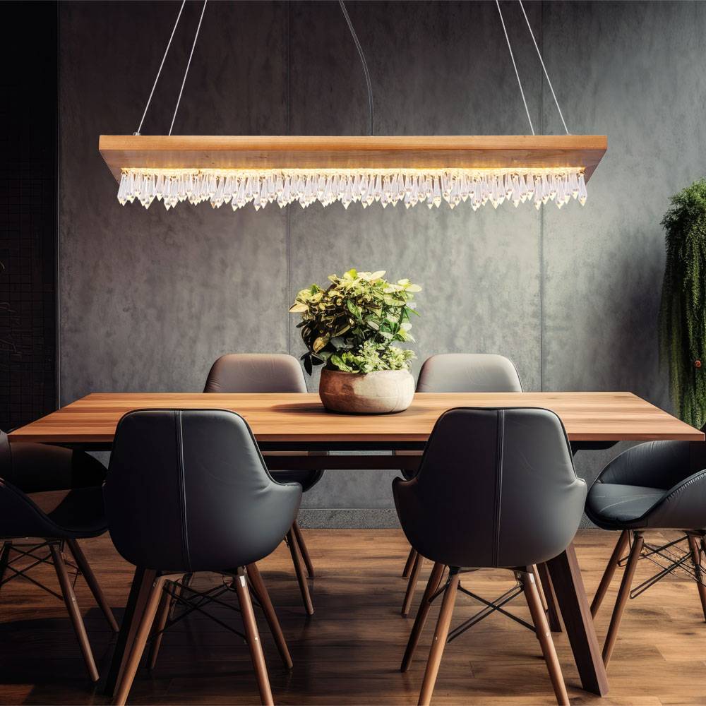 Pendelleuchte Holz Landhaus LED Hängeleuchte Esstisch Holzleuchte mit Kristallbehang, Metall schwarz Kunststoff, 1x LED 25 Watt 1546 Lumen warmweiß