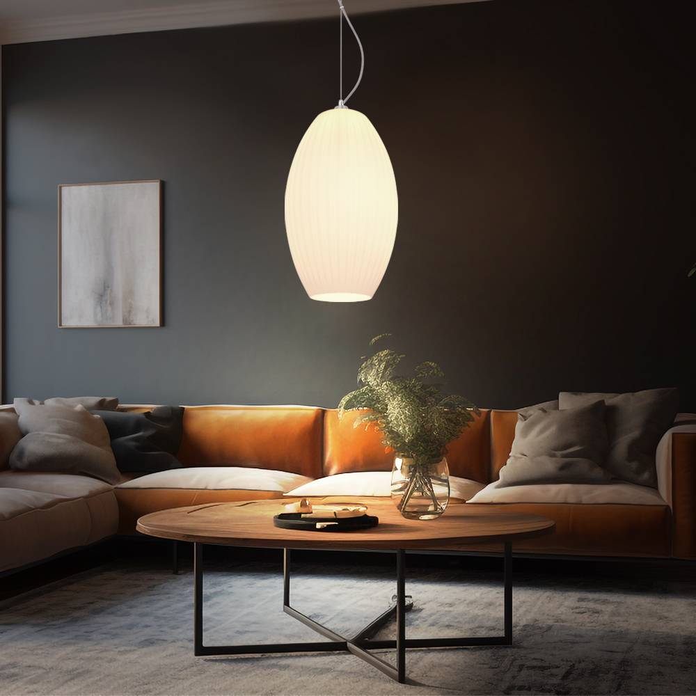 Hängeleuchte Pendellampe Pendelleuchte Glasschirm opal Schirmleuchte Esszimmerlampe Küche, Metall Glas gestreift weiß opal nickel matt, 1x E27 Fass
