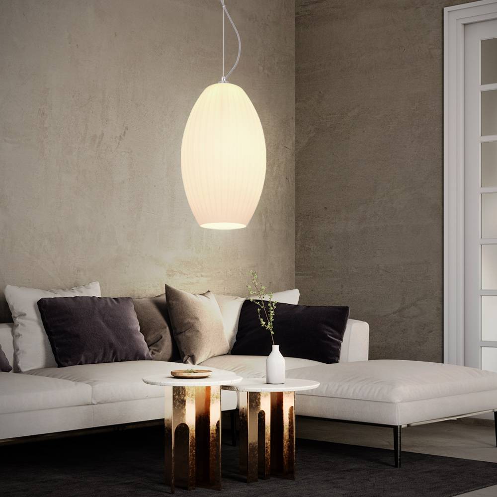 Hängeleuchte Pendellampe Pendelleuchte Glasschirm opal Schirmleuchte Esszimmerlampe Küche, Metall Glas gestreift weiß opal nickel matt, 1x E27 Fass