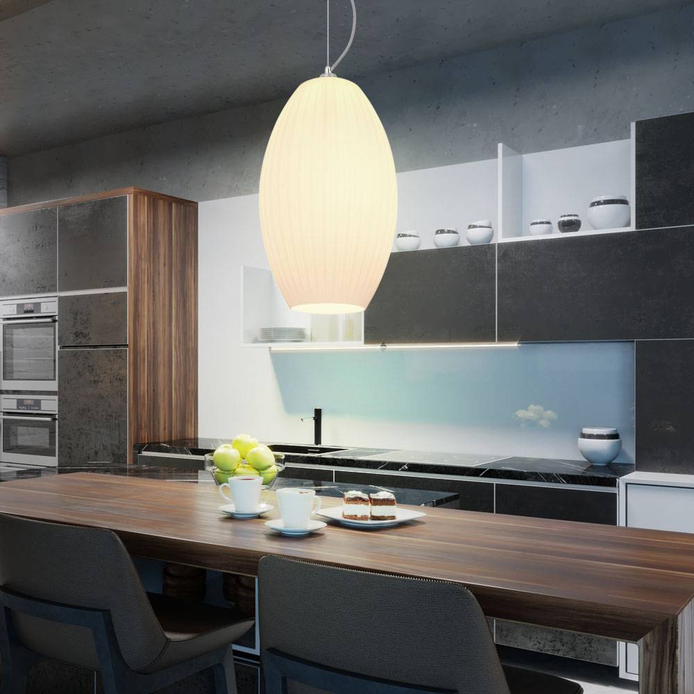 Hängeleuchte Pendellampe Pendelleuchte Glasschirm opal Schirmleuchte Esszimmerlampe Küche, Metall Glas gestreift weiß opal nickel matt, 1x E27 Fass