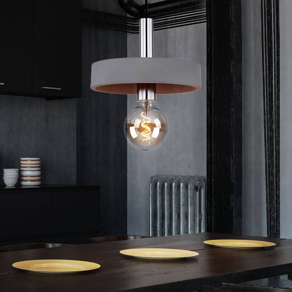 Pendelleuchte Deckenlampe Beton Ringleuchte Esszimmerlampe 1 flammig Industriell Hängeleuchtet, Beton grau verchromt, Fassung 1x E27, DxH 23x171 cm