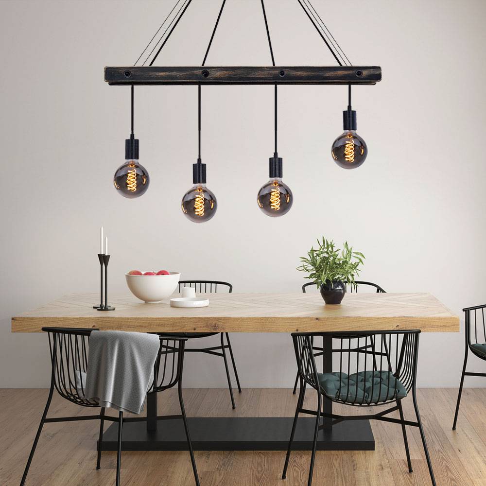 Decken Pendelleuchte aus Holz 4 flammig Hängeleuchte schwarz matt Esstischleuchte, 4x E27, LxBxH 90x9x120cm, Wohnzimmer Esszimmer