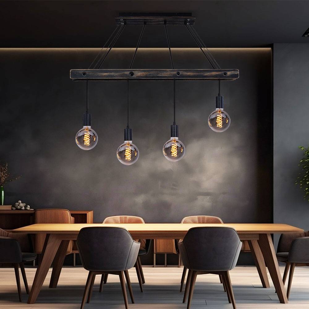 Decken Pendelleuchte aus Holz 4 flammig Hängeleuchte schwarz matt Esstischleuchte, 4x E27, LxBxH 90x9x120cm, Wohnzimmer Esszimmer