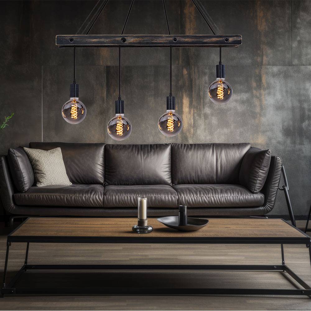Decken Pendelleuchte aus Holz 4 flammig Hängeleuchte schwarz matt Esstischleuchte, 4x E27, LxBxH 90x9x120cm, Wohnzimmer Esszimmer