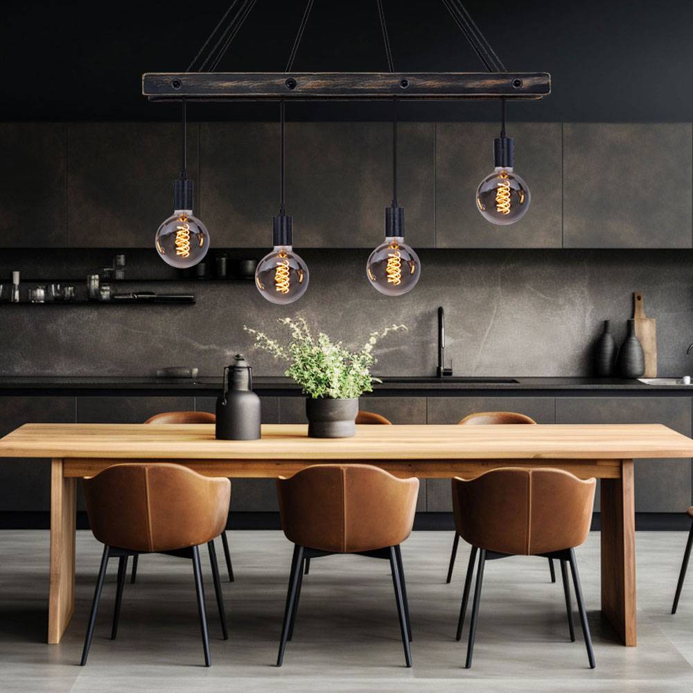 Decken Pendelleuchte aus Holz 4 flammig Hängeleuchte schwarz matt Esstischleuchte, 4x E27, LxBxH 90x9x120cm, Wohnzimmer Esszimmer