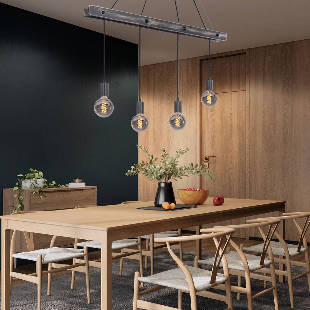 Decken Pendelleuchte aus Holz 4 flammig Hängeleuchte schwarz matt Esstischleuchte, 4x E27, LxBxH 90x9x120cm, Wohnzimmer Esszimmer