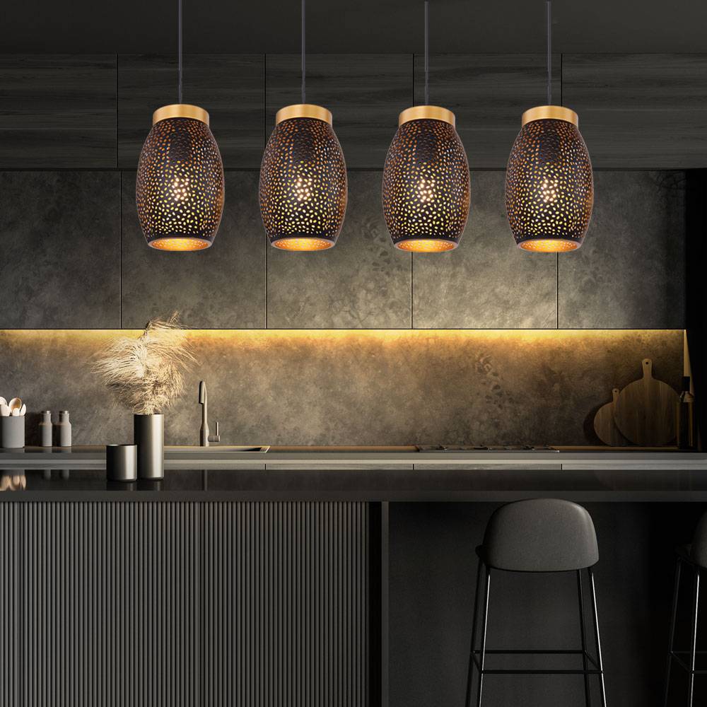 Hängeleuchte Pendellampe Esstischleuchte, Orientalische Hängelampe, 4-flammig, Dekorstanzungen, Metall, schwarz gold, 4x E27, LxBxH 90x15x120 cm