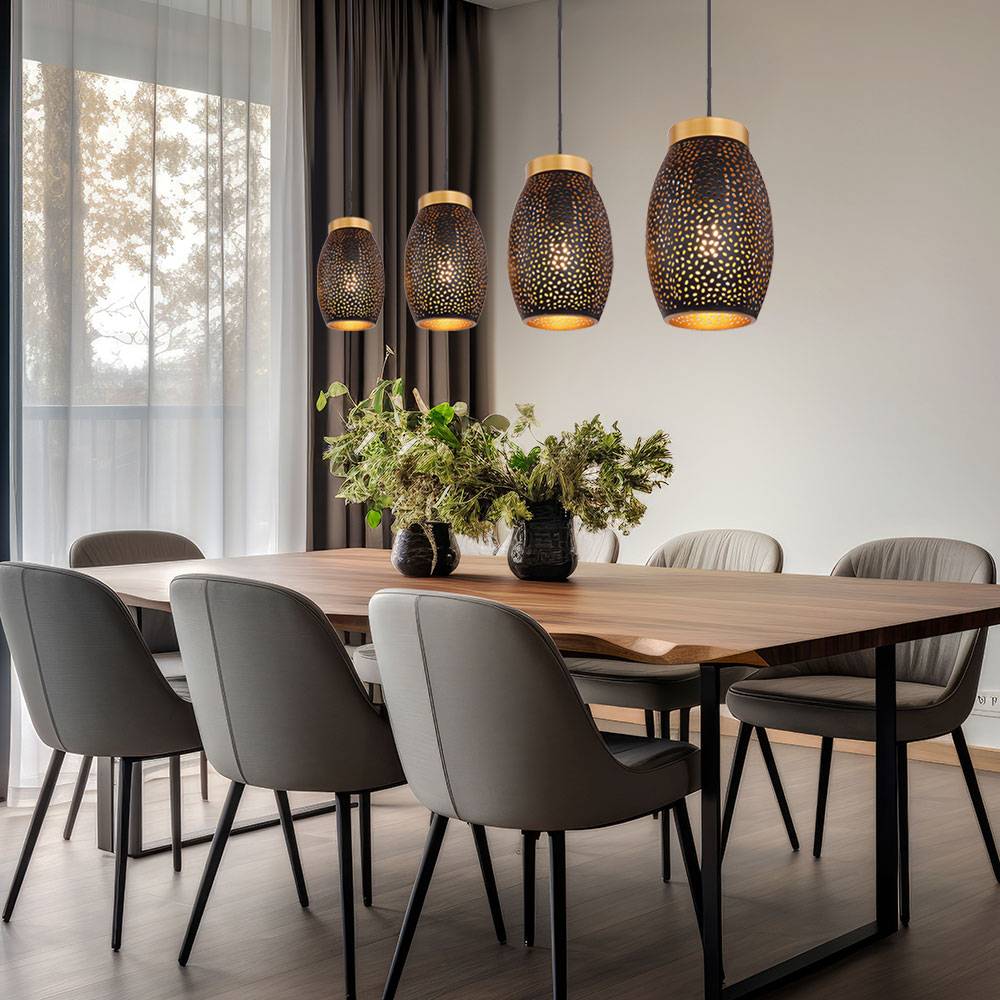 Hängeleuchte Pendellampe Esstischleuchte, Orientalische Hängelampe, 4-flammig, Dekorstanzungen, Metall, schwarz gold, 4x E27, LxBxH 90x15x120 cm