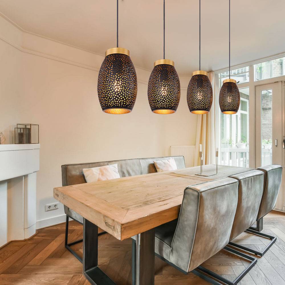 Hängeleuchte Pendellampe Esstischleuchte, Orientalische Hängelampe, 4-flammig, Dekorstanzungen, Metall, schwarz gold, 4x E27, LxBxH 90x15x120 cm