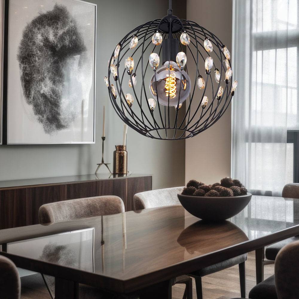 Hängelampe Hängeleuchte Pendellampe Pendelleuchte Wohnzimmerlampe, K5 Kristalle Metall schwarz Retro, 1x E27 Fassung, DxH 30x120cm