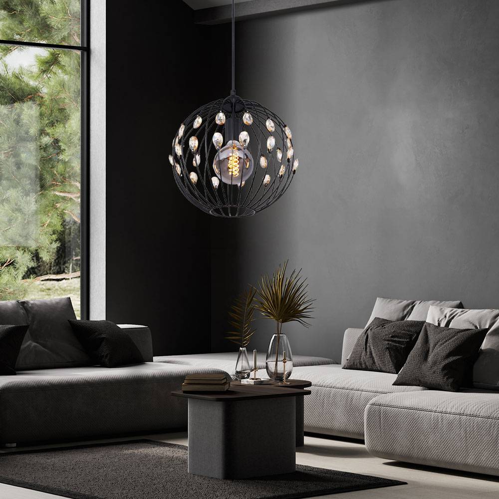 Hängelampe Hängeleuchte Pendellampe Pendelleuchte Wohnzimmerlampe, K5 Kristalle Metall schwarz Retro, 1x E27 Fassung, DxH 30x120cm