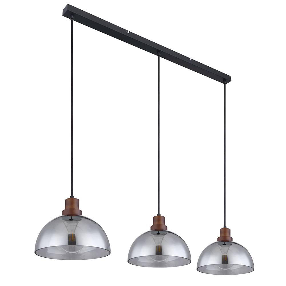 Hängelampe Esstisch Pendelleuchte schwarz 3 flammig dimmbar mit Fernbedienung, RGB Farbwechsel, Holzoptik braun Metall Glas rauchfarben, 3x 9W 3x