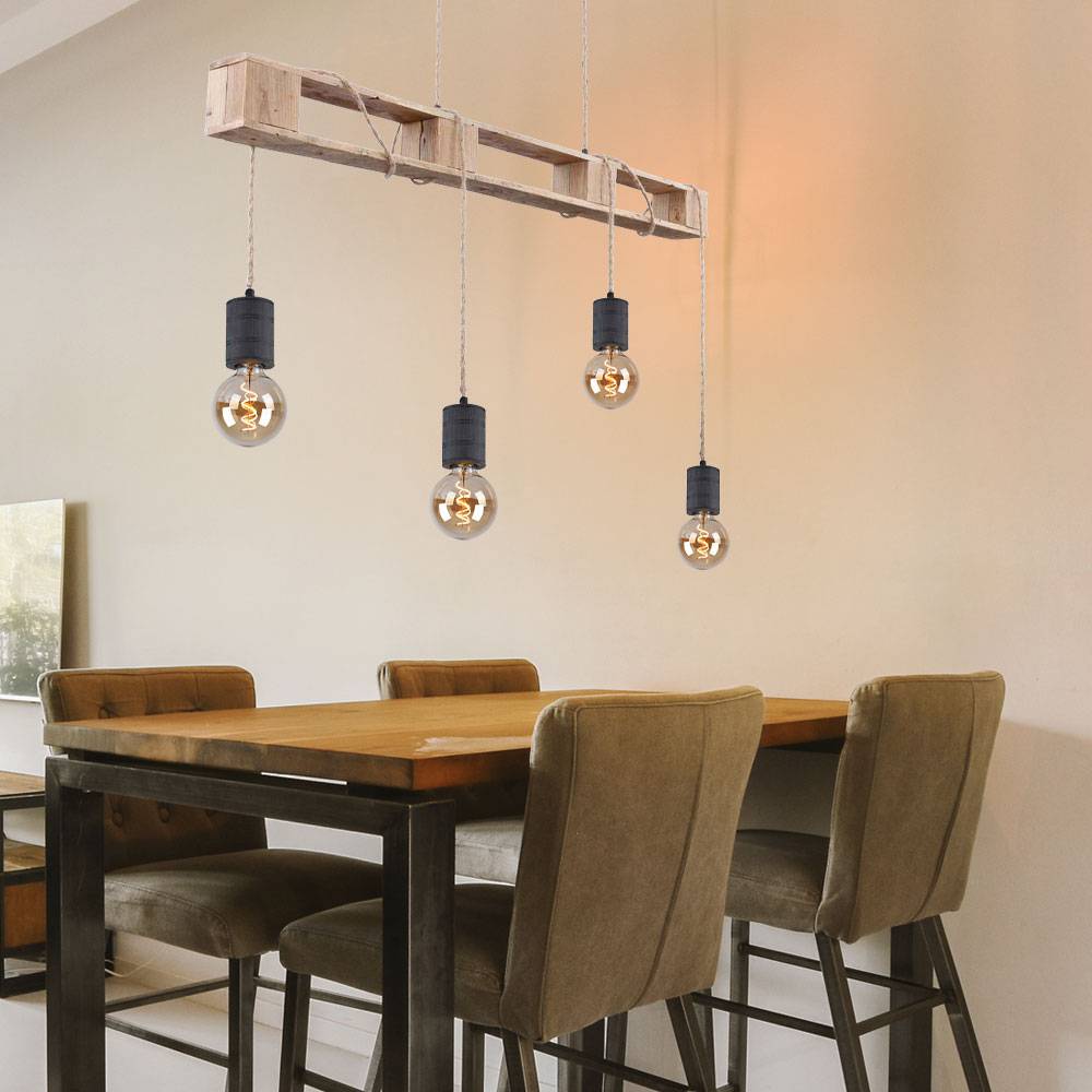 Hängeleuchte aus Holz Metall Decken Pendelleuchte 4 flammig Hanfseil Hängelampe verstellbar, 4x E27, 121x10x120cm, Wohnzimmer Esszimmer