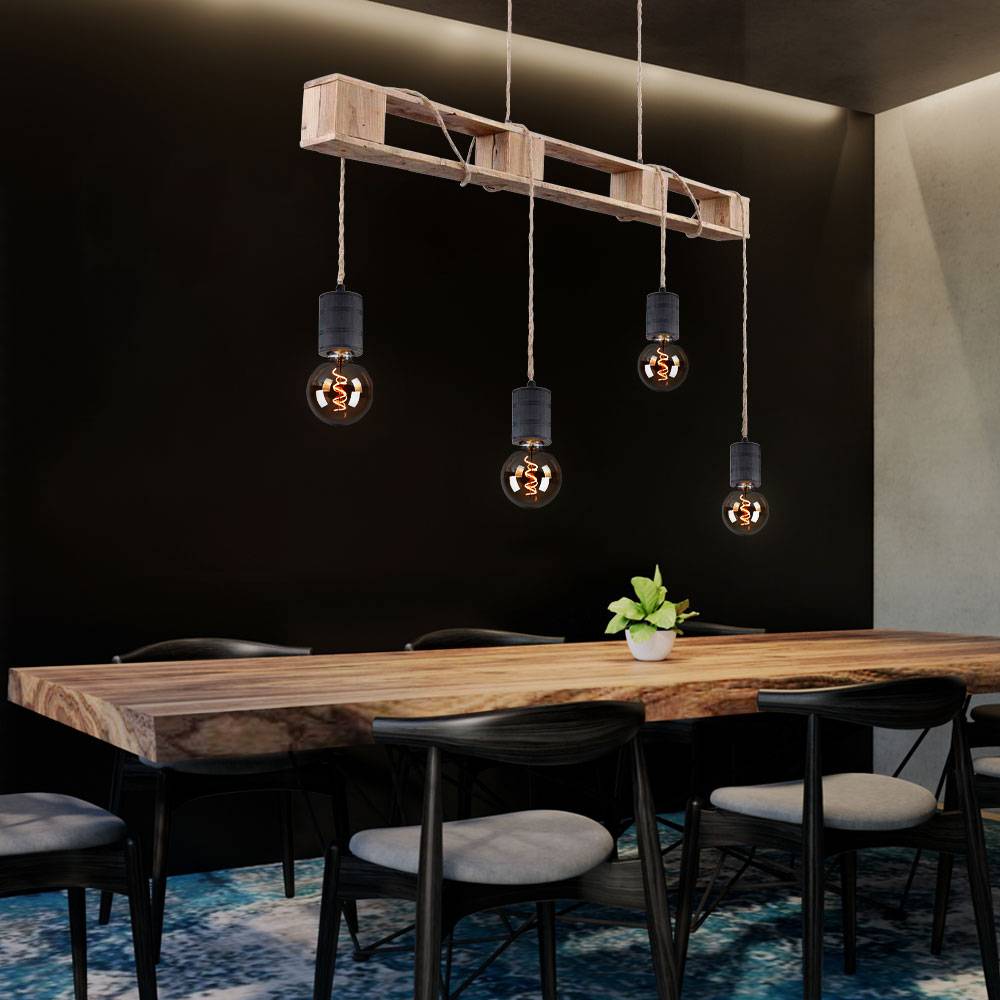 Hängeleuchte aus Holz Metall Decken Pendelleuchte 4 flammig Hanfseil Hängelampe verstellbar, 4x E27, 121x10x120cm, Wohnzimmer Esszimmer