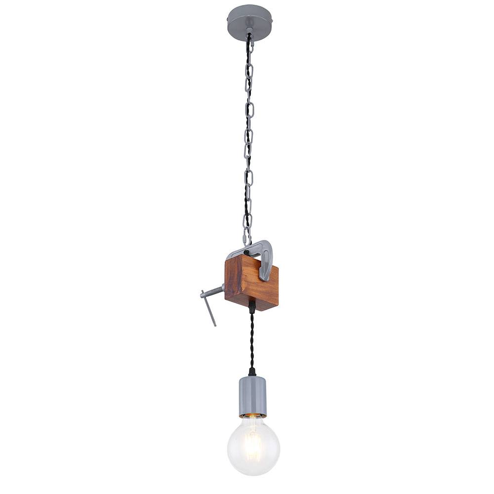 Hängeleuchte Holz Esstischlampe hängend Retro Deckenleuchte Vintage, Schraubzwinge Metall verzinkt, 1x E27 Fassung, LxH 14x120 cm, 2er Set