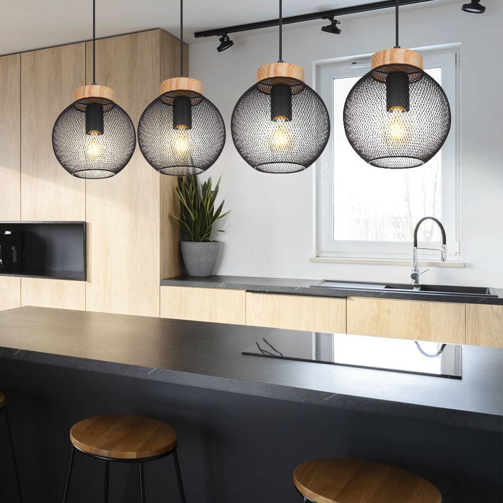 Hängeleuchte Käfig Design Hängelampe Esstisch Pendelleuchte Holz Kugelform, Metall Gitter schwarz, Fassungen 4x E27, LxBxH 95x20x120 cm