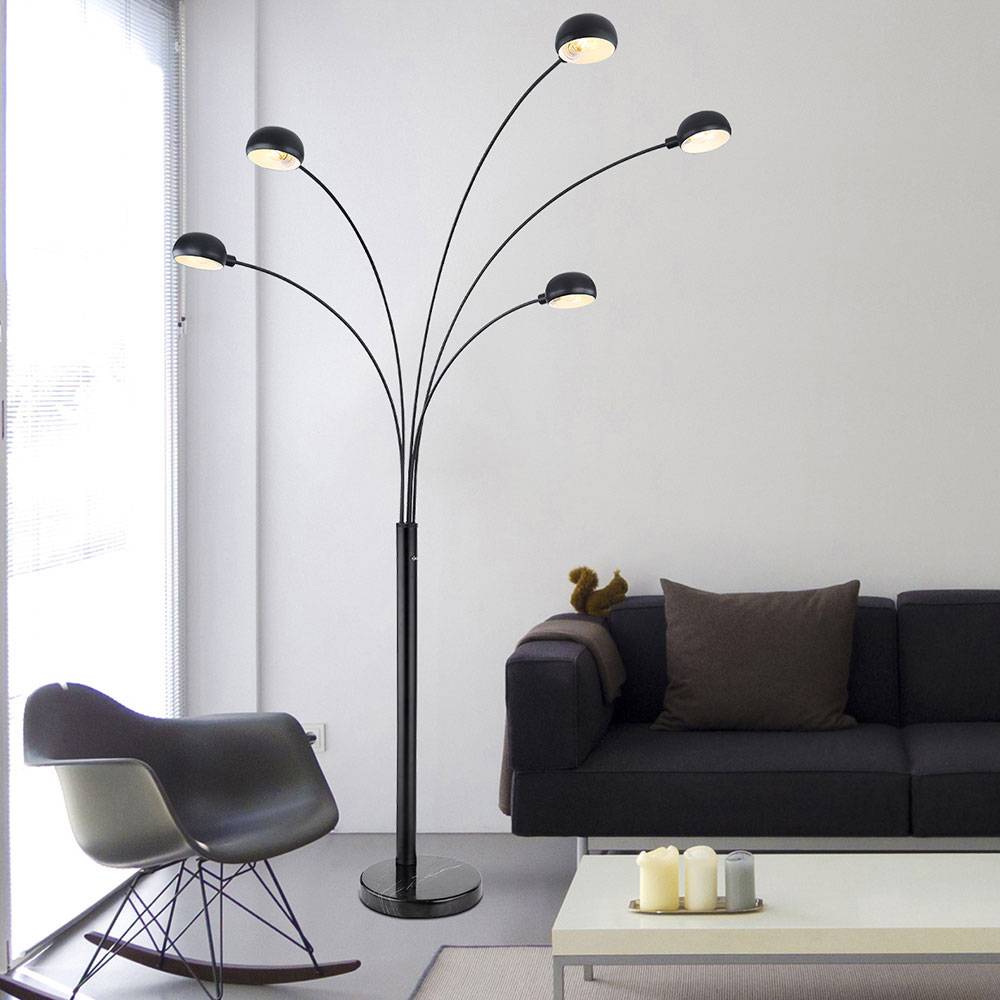 Stehleuchte Strahler Standlampe Stehlampe Wohnzimmer Modern mit Marmorsockel schwarz, Metall, 5x E14, LxBxH 130x120x200cm