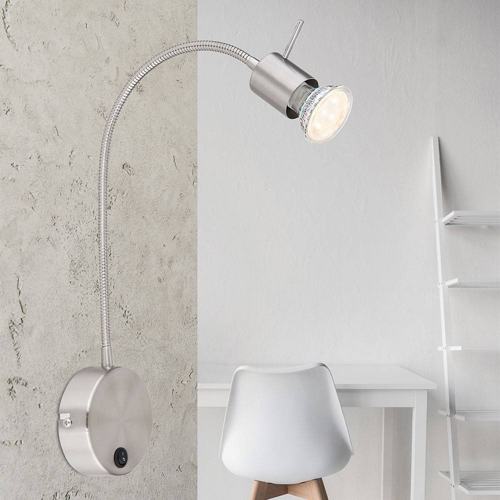 Wandlampe Wandleuchte Esszimmerlampe Spotstrahler silber mit Schalter und Flexospot, Metall nickel matt, verstellbarer, Fassung 1x GU10, BxH 9x53 cm