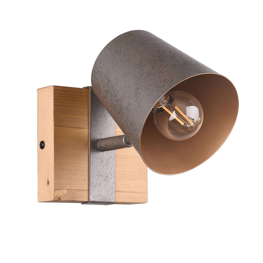 Spotleuchte Wandleuchte Holz Wandlampe Wohnzimmerlampe Strahler mit beweglichem Spot, Metall silber gold, 1x E14, BxH 11x11 cm