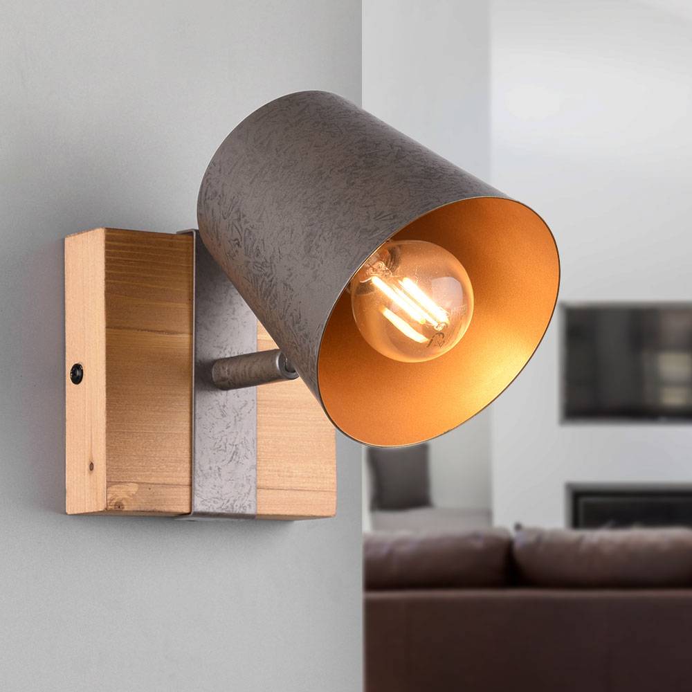 Spotleuchte Wandleuchte Holz Wandlampe Wohnzimmerlampe Strahler mit beweglichem Spot, Metall silber gold, 1x E14, BxH 11x11 cm