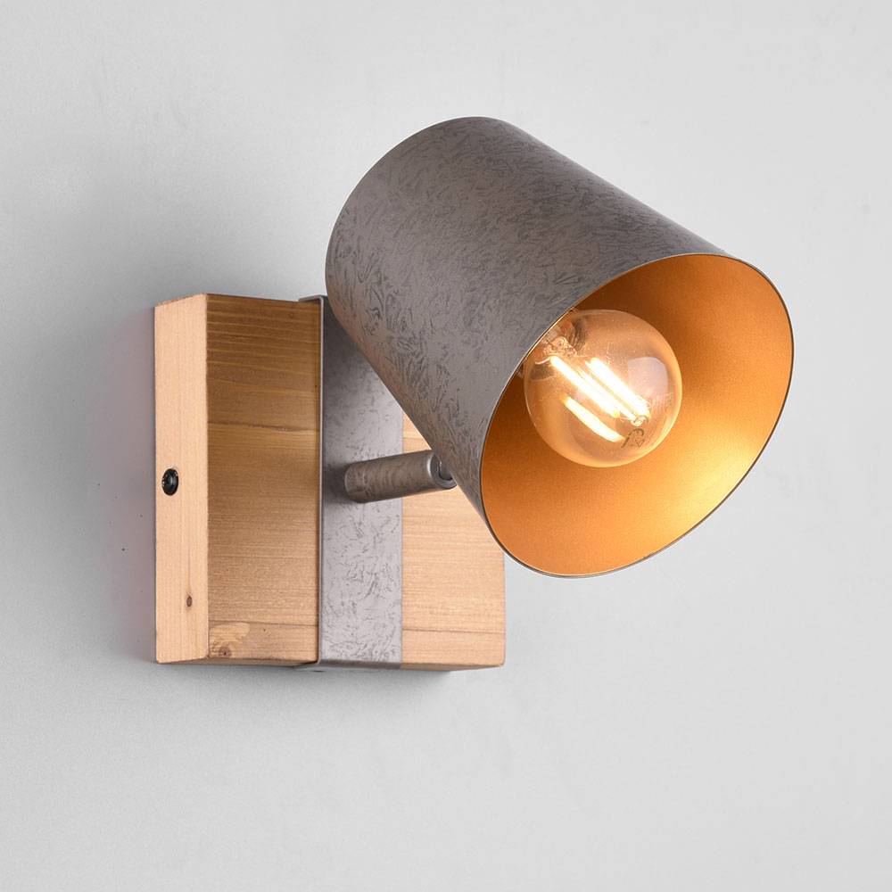 Spotleuchte Wandleuchte Holz Wandlampe Wohnzimmerlampe Strahler mit beweglichem Spot, Metall silber gold, 1x E14, BxH 11x11 cm
