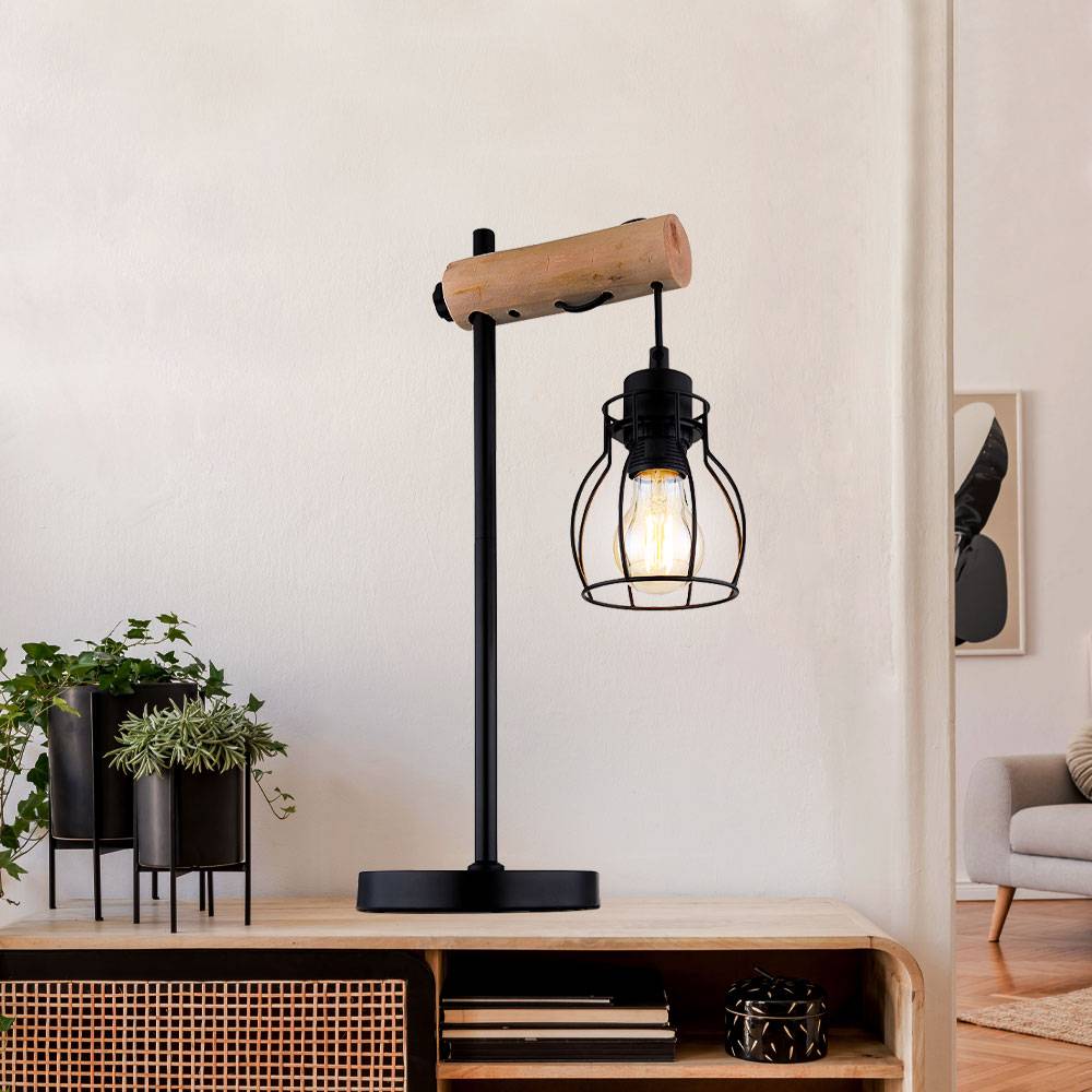 Tischlampe Nachttischleuchte Beistellleuchte Holzleuchte schwarz Leselampe zum verstellen, Metall, 1x E27, LxBxH 27x16x48 cm