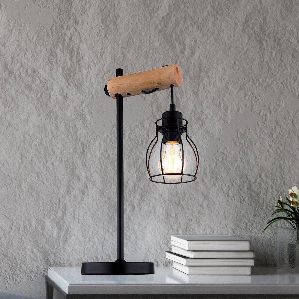 Tischlampe Nachttischleuchte Beistellleuchte Holzleuchte schwarz Leselampe zum verstellen, Metall, 1x E27, LxBxH 27x16x48 cm