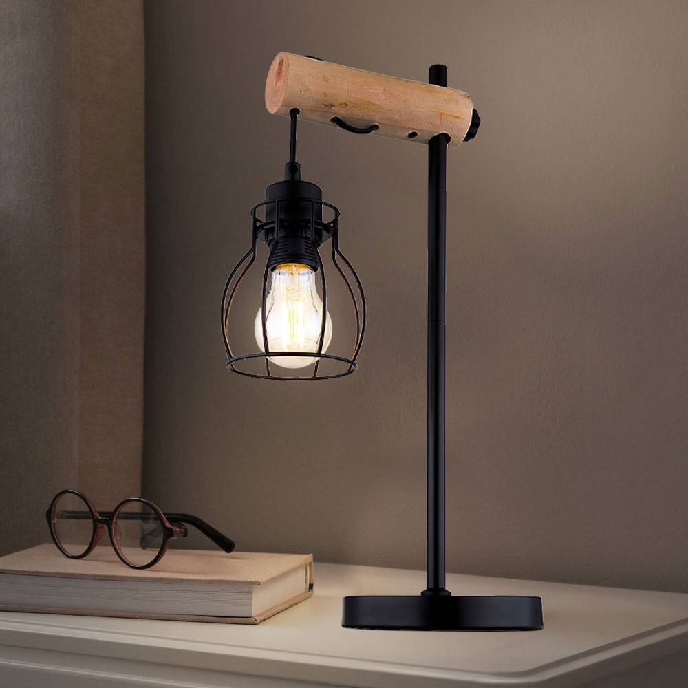 Tischlampe Nachttischleuchte Beistellleuchte Holzleuchte schwarz Leselampe zum verstellen, Metall, 1x E27, LxBxH 27x16x48 cm