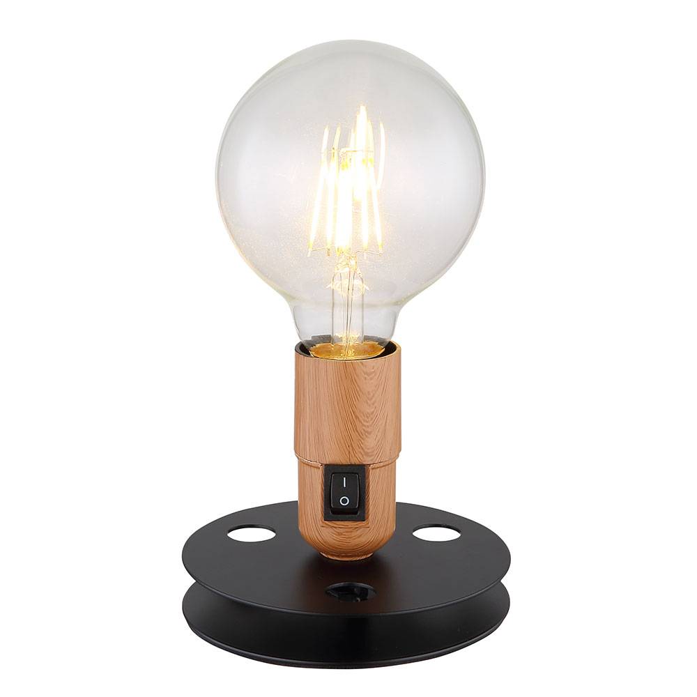 Tischlampe Vintage Nachttischlampe Industrial schwarz Tischlampenfuss ohne Schirm, Holzoptik Metall, 1x E27, DxH 12x9 cm