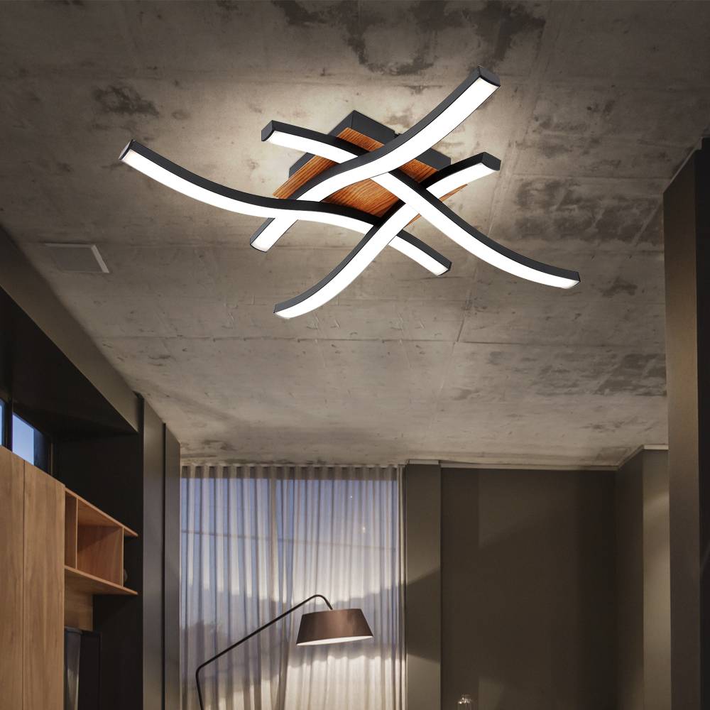 LED Deckenleuchte Wohnzimmerlampe 4 flammig Deckenlampe Holzoptik, modern, Acryl Metall schwarz opal, 4x LED 20W 1200Lm 3000K, HxLxB 7,5x43x43 cm