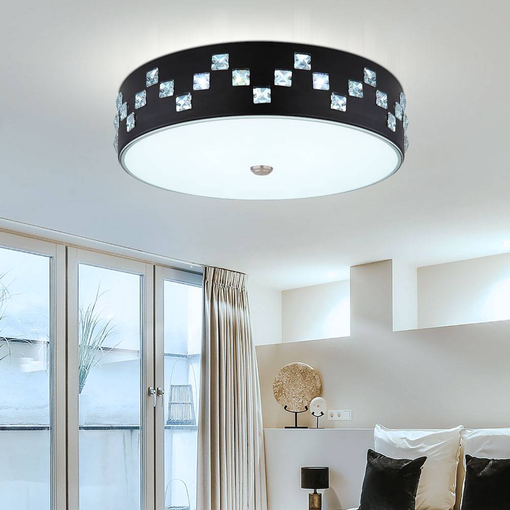 LED Deckenleuchte mit Fernbedienung dimmbar Deckenlampe Glas Kristalle Wohnzimmerlampe Deckenlampe rund, Memory CCT Nachtlicht, Metall, 1x LED 40W
