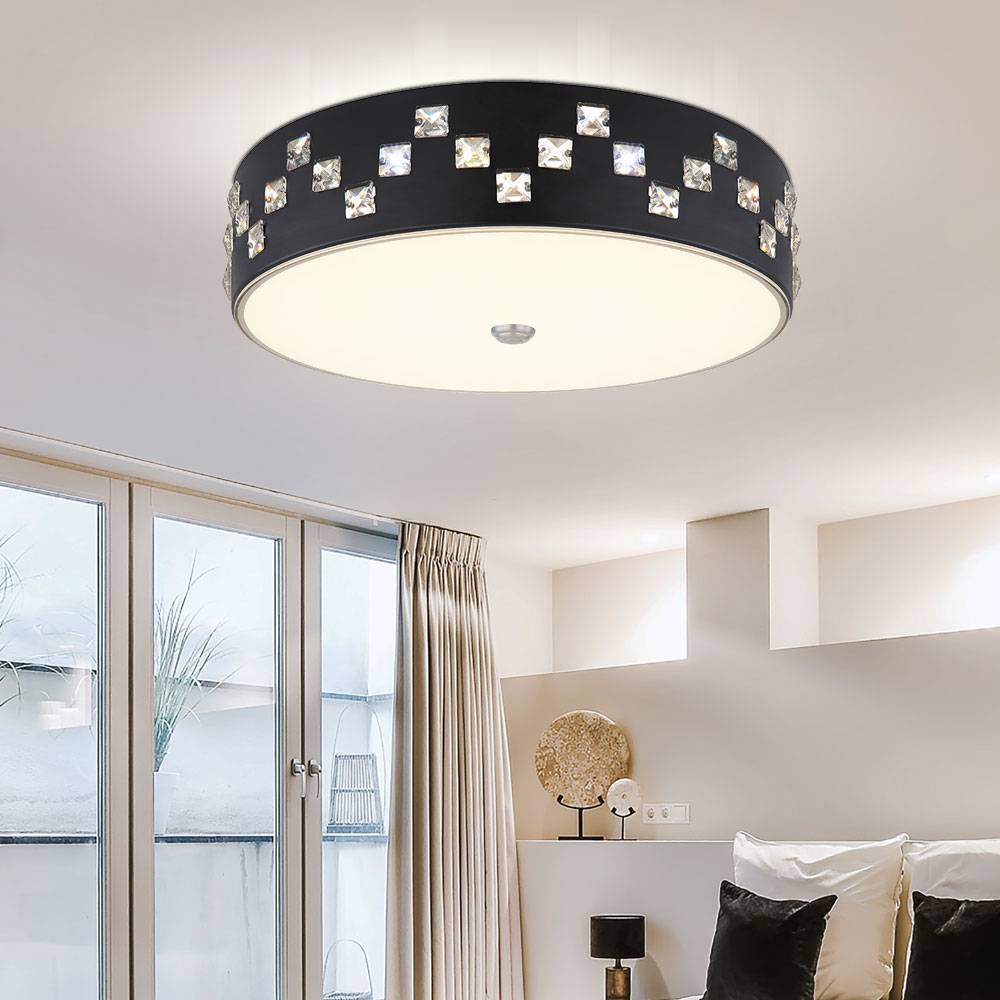 LED Deckenleuchte mit Fernbedienung dimmbar Deckenlampe Glas Kristalle Wohnzimmerlampe Deckenlampe rund, Memory CCT Nachtlicht, Metall, 1x LED 40W