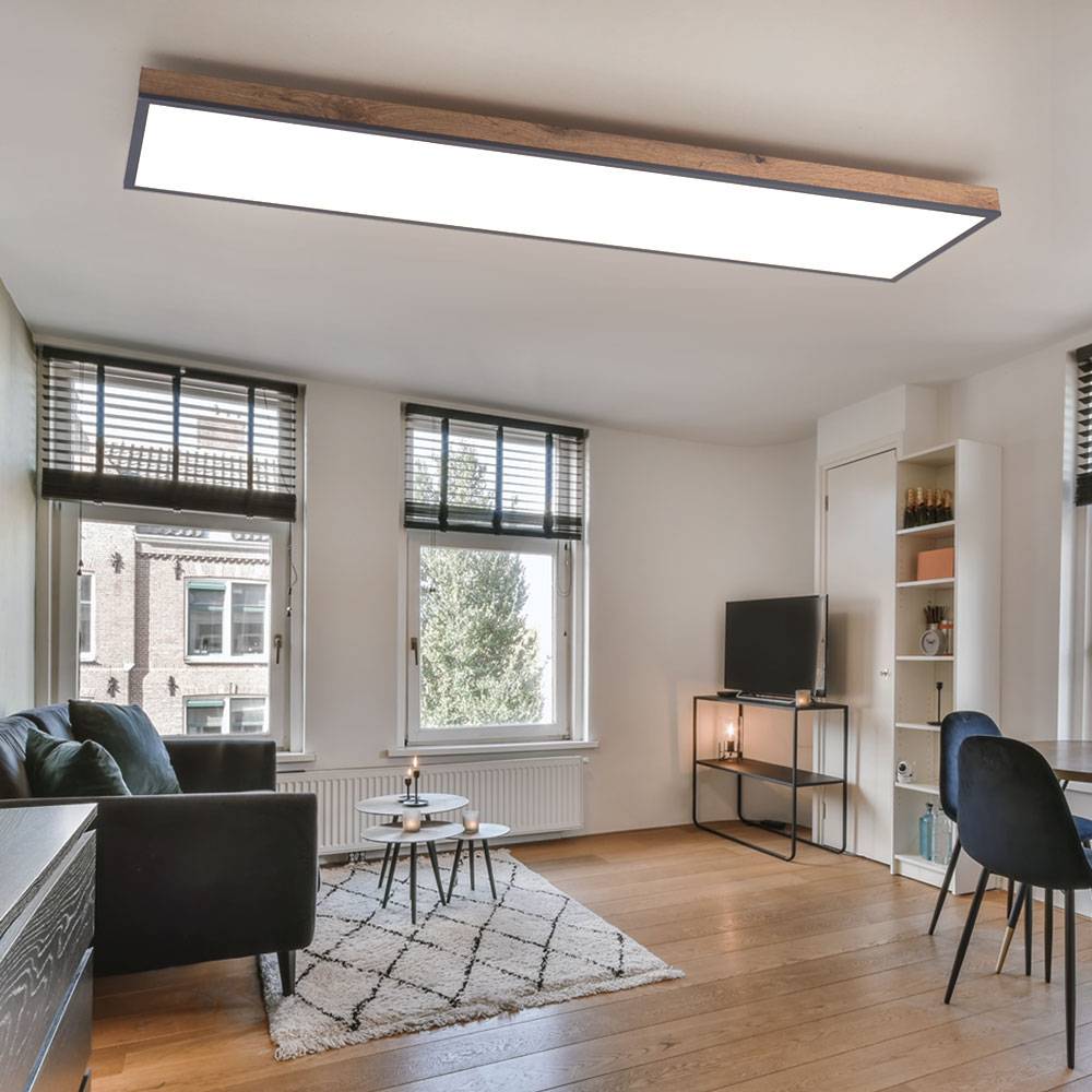 LED Holzlampe Esszimmer Lampen Holzoptik LED Deckenleuchte rechteckig, MDF opal graphit modern, 1x LED 36W 2250Lm 3000K, HxLxB 6,5x120x30cm