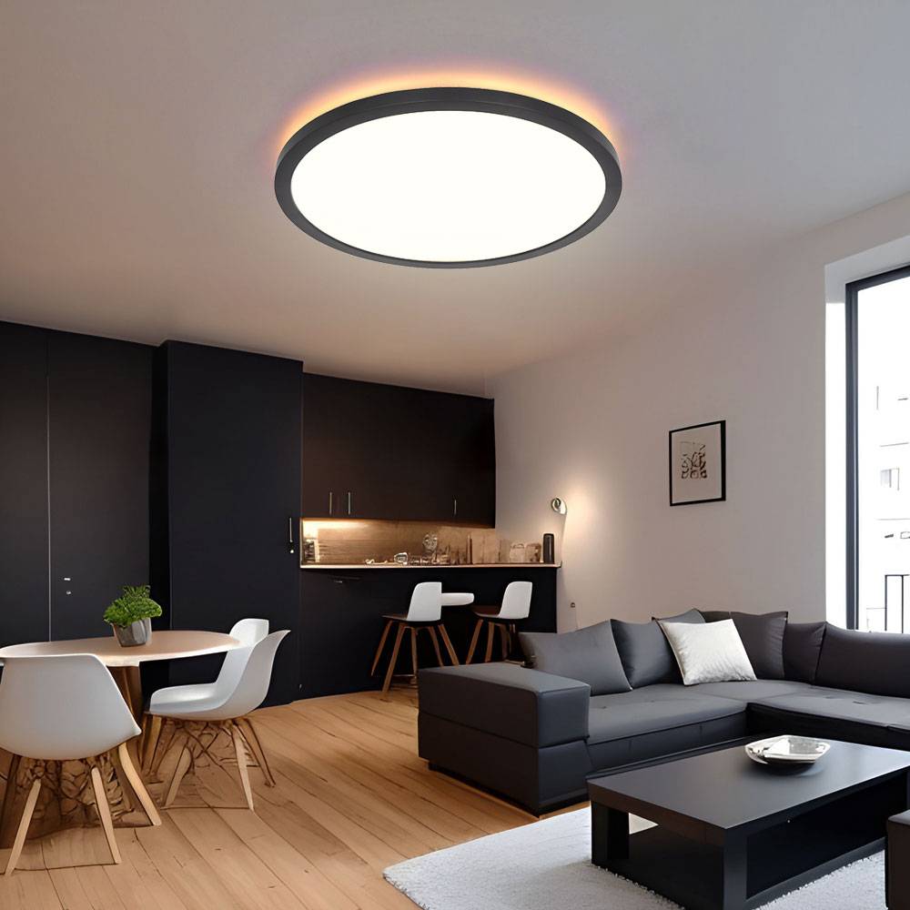 Deckenlampe schwarz Badezimmerleuchte dimmbar Wohnzimmerlampe Deckenleuchte, Backlight, IP44, 1x LED 18W 1500lm warmweiß, DxH 29,4x2,5 cm