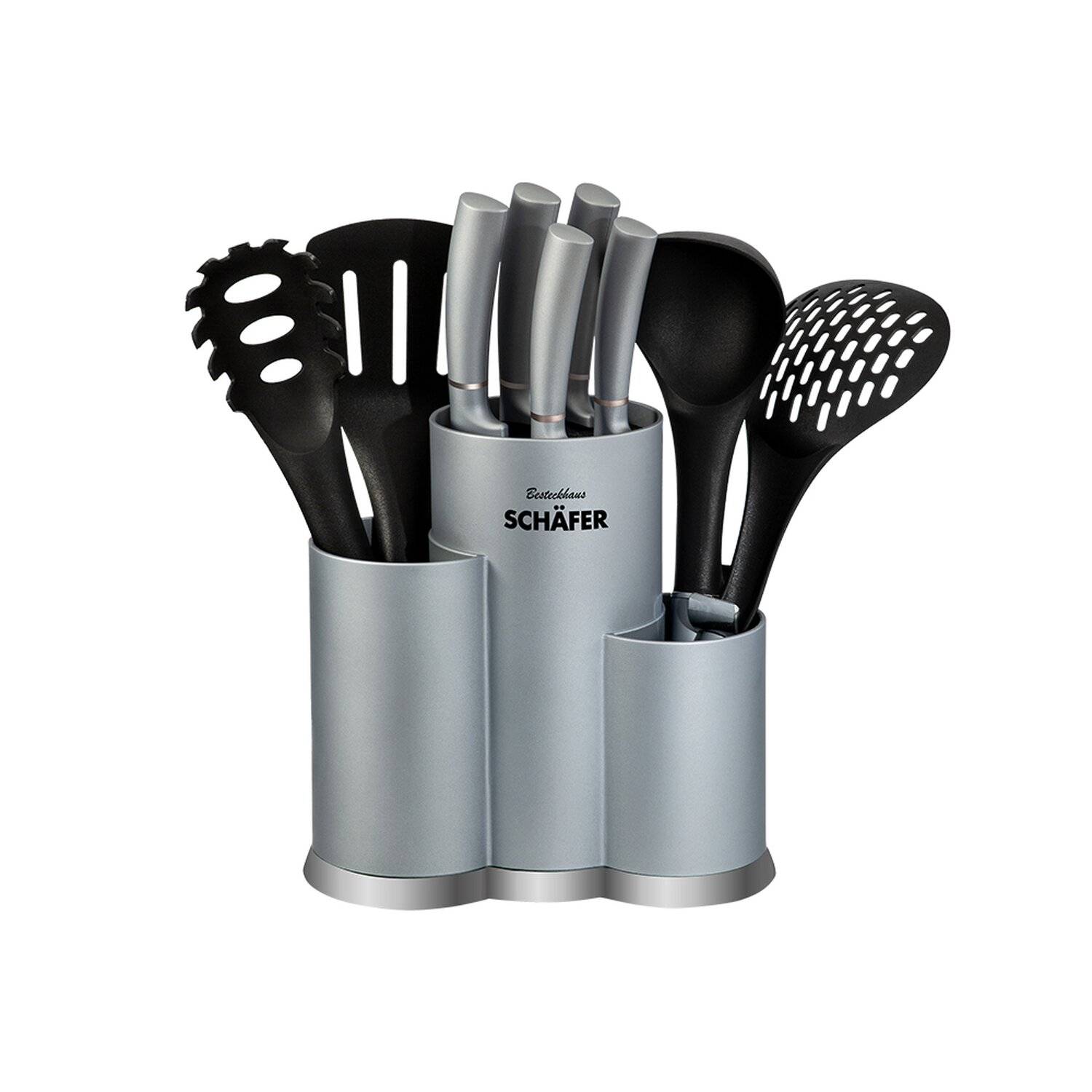 Schäfer 11-teiliges Messerblock Messer-Set sehr hochwertiges mit Bürsteneinsatz Brotmesser Spaghettilöffel Silber