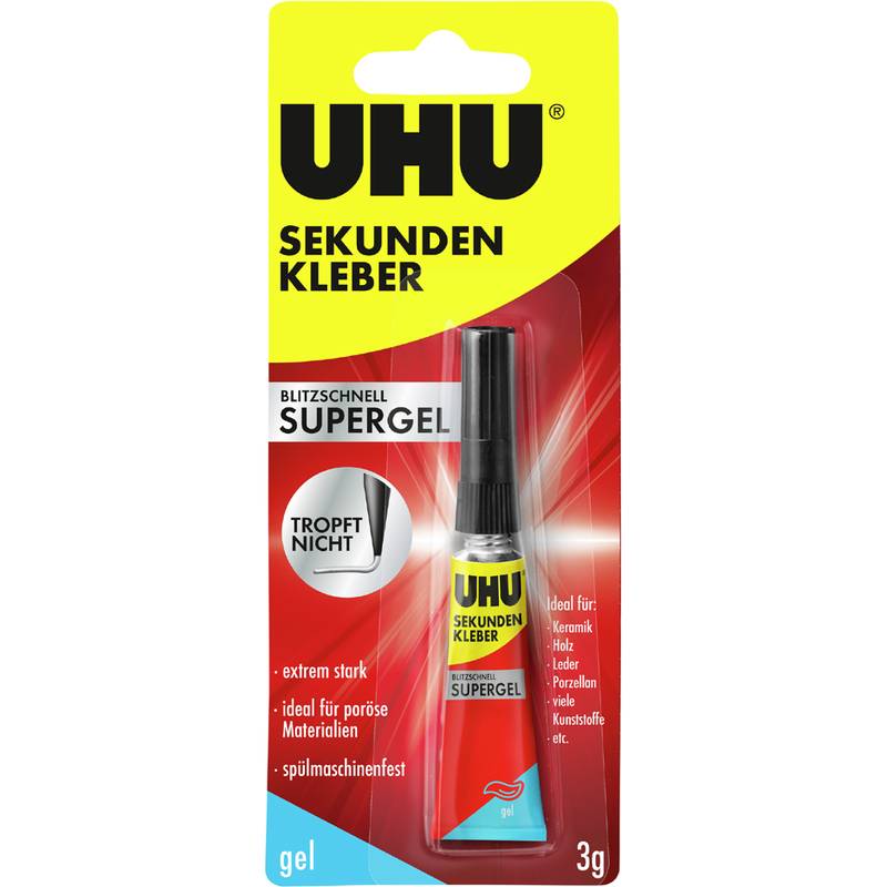 UHU Sekundenkleber SUPERGEL, lösemittelhaltig, 3 g Tube