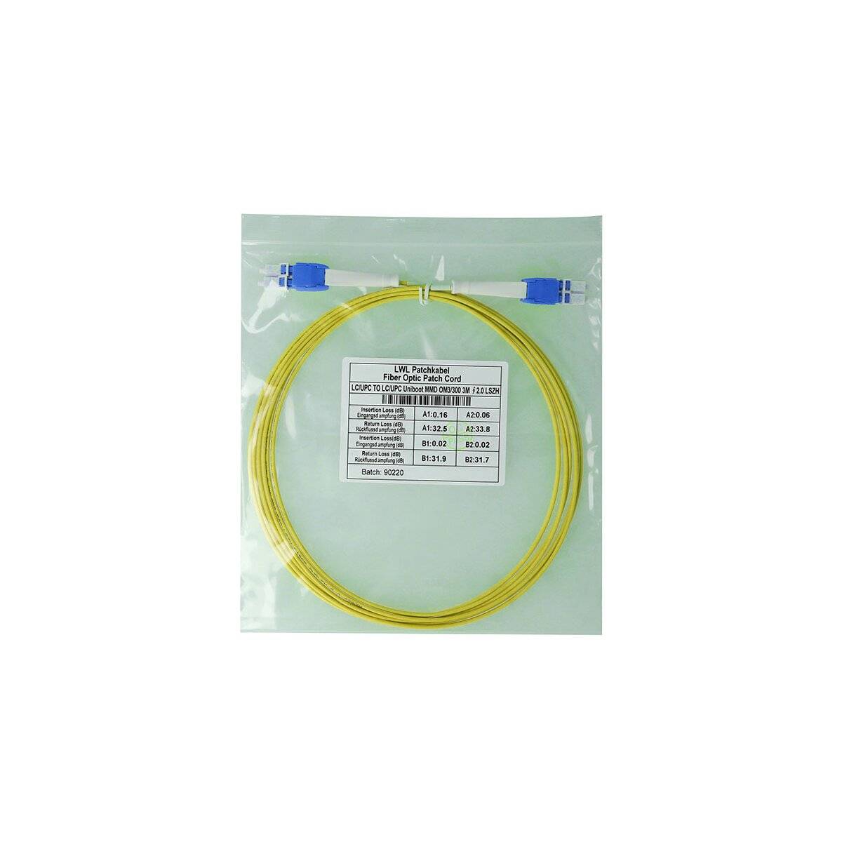 Gelbes Lichtwellenleiterkabel mit blauen Steckverbindern in transparenter Verpackung, gekennzeichnet mit Produktspezifikationen.