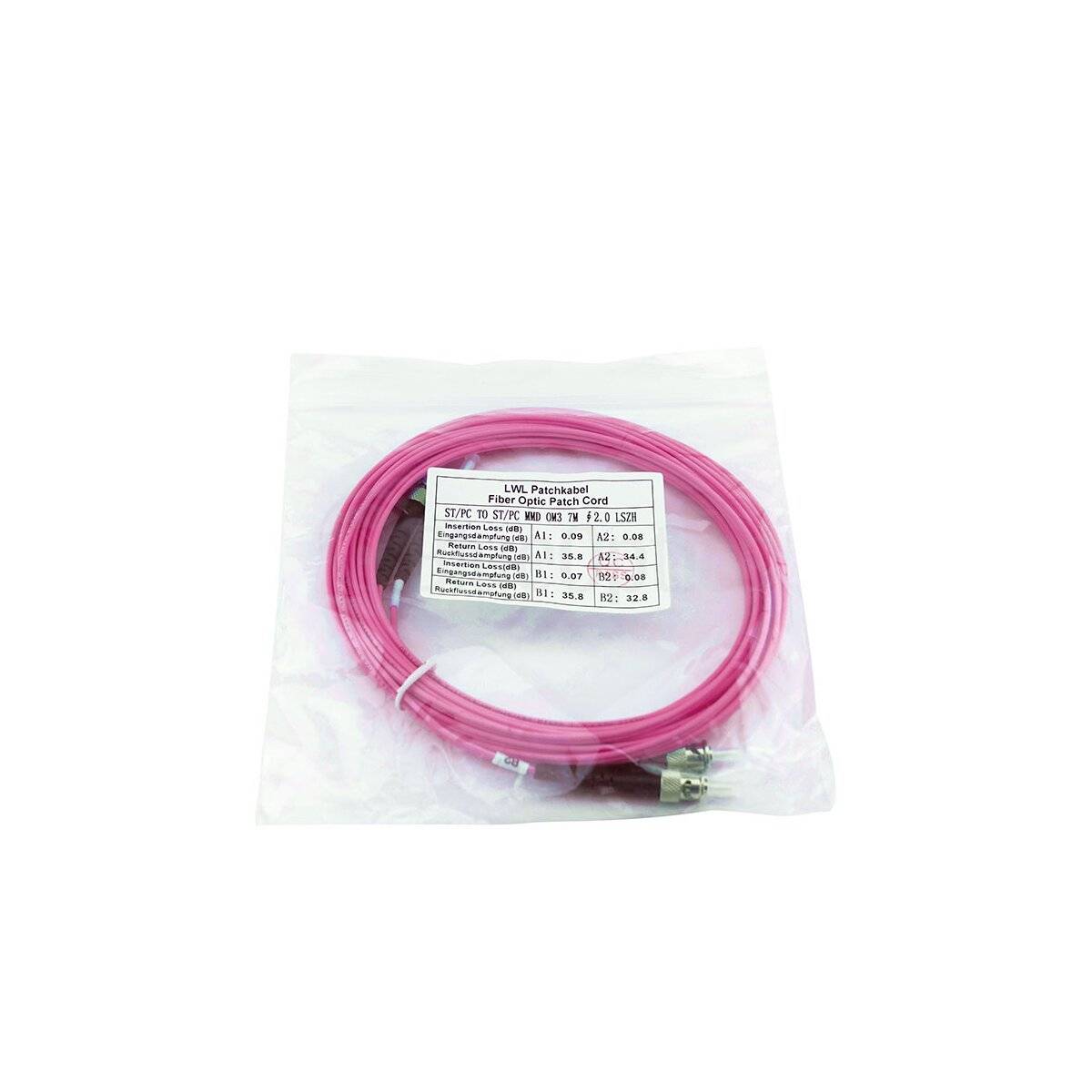 Rosa Glasfaser-Patchkabel, das in einer durchsichtigen Plastiktüte aufgewickelt ist, mit einem Produktetikett, auf weißem Hintergrund dargestellt.